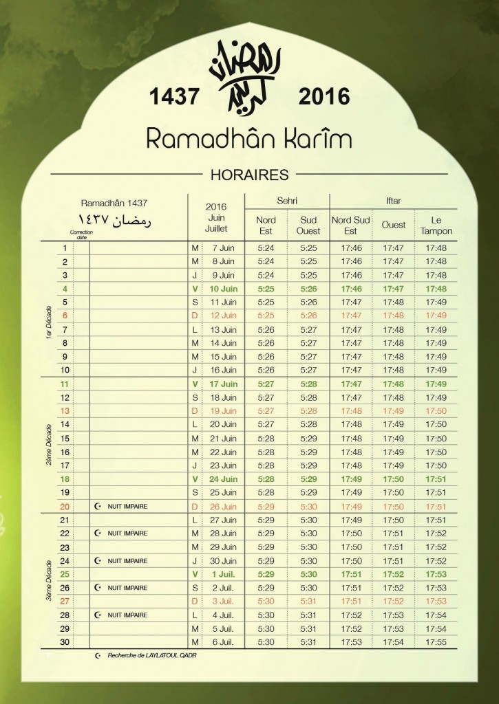 Calendrier Ramadhan 1437